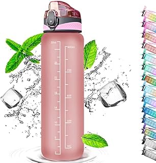 Auckpure Sports Water Bottle 1 Litre, Time Markings and With Straws Bottles, Water Bottle Opens With 1-Click, Suitable for Fitness, Outdoor, Camping, Yoga, Cycling and Drinking Bottles (Pink)