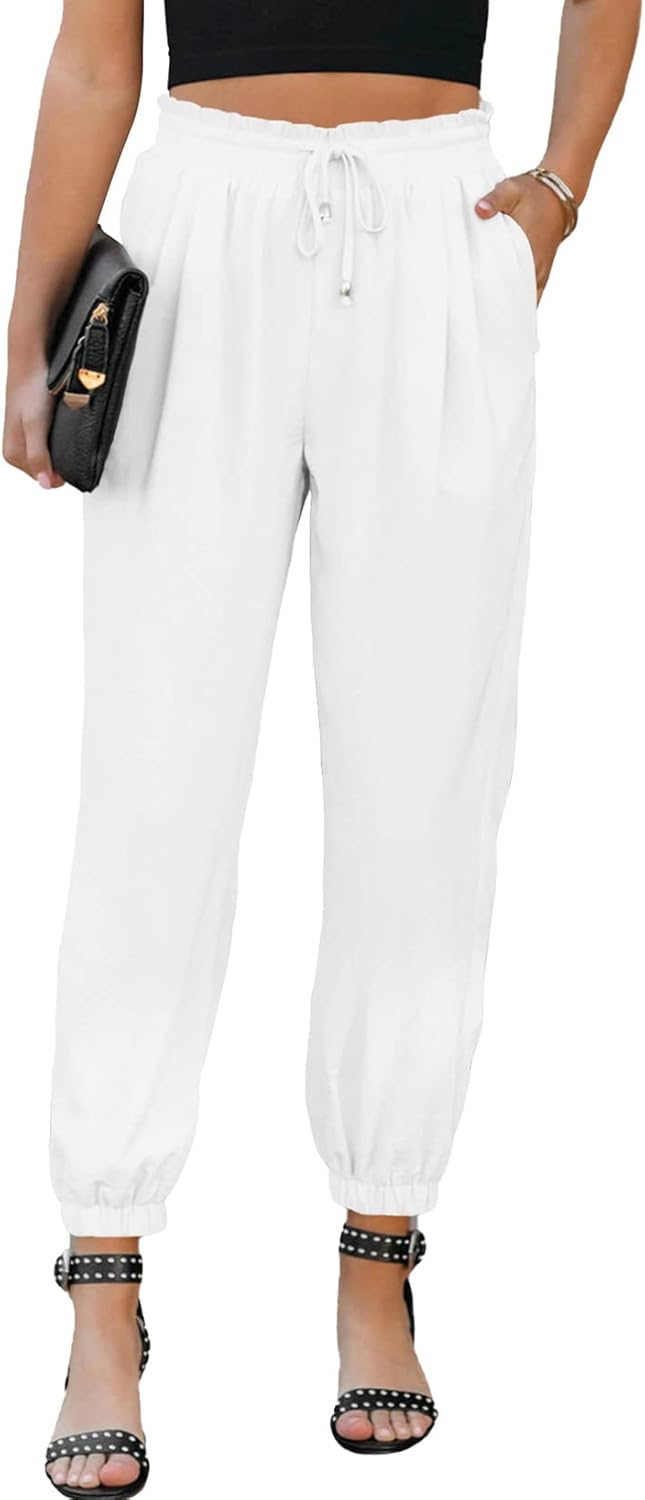 EVALESS Womens 2025 Summer Casual Pants Drawstring Elastic High Waisted Work Trousers Joggers Trendy Harem Pants with Pockets