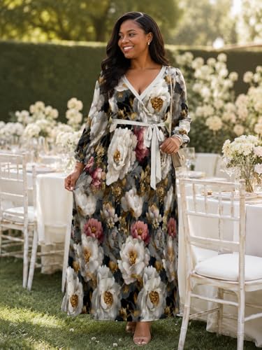 Image of SUZONANA Plus Size Dresses for Women Floral Print Maxi Dress Flowy 3 /4 Sleeve with Belt