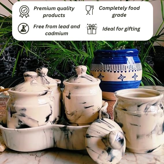 Image of Niyara Multipurpose Storage Ceramic Pickle set Jars with Lid & tray (Set of 4, 300 ml) (Classic Marble look)