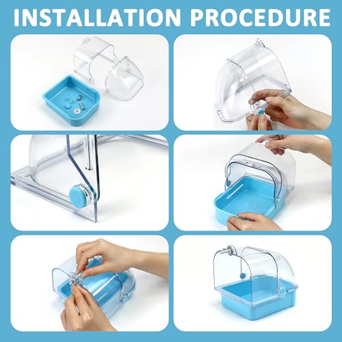 Nobgum Bird Bath for Cage, Blue Bird Bathtub with Hanging Hooks, Upgraded Bird Bath Box for Cage Accessory Small Birds Parrots Cockatiel Budgies Shower Food Feeder Holder - Thumbnail 3