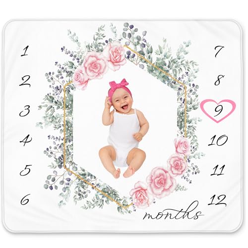 Image of KEMINA BLANKETS Baby Girl Milestone Blanket – 50x40, Soft Fleece, Eucalyptus & Rose Floral Design, Includes Headband & Wreath, Monthly Growth Chart, Newborn Keepsake & Baby Shower