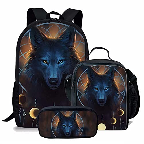 Set di 3 zaini per la scuola per ragazzi con acchiappasogni lupo borsa per la casual per computer portatile set di portapranzo termico con astuccio Acchiappasogni W