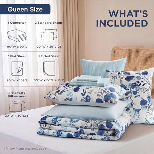 Regency Heights Lightweight Seersucker Botanical Comforter Set Queen Size, 9 Pieces Reversible Design Bed in A Bag Set, Premium Microfiber Bedding Set, Blue - image 8