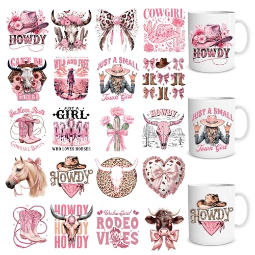 Shejdgart UV DTF Cup Wraps - 20 Sheets Western Cowgirl UV DTF Cup Wraps for 16 OZ Glass Mugs, Pink Coquete Bow Boot UVDTF Stickers, Waterproof Rub on Transfer Decals for Water Bottles Tumblers