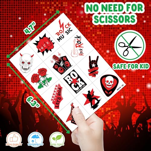 Image of 96 PCS Born to Rock and Roll Pre-Cut Temporary Tattoos for Kids | | Super Cute Themed Birthday Party Favors, Supplies, Decorations, Music Fake Tattoo Stickers Rewards & Gifts For Boys & Girls