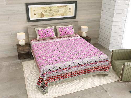 Image of RajasthaniKart Pure Cotton 180 TC King Size BEDSHEET with 2 Pillow Cover - 90X108 (Suitable for King Size Bed Sheet or Double Bed, Pink) PSP 140