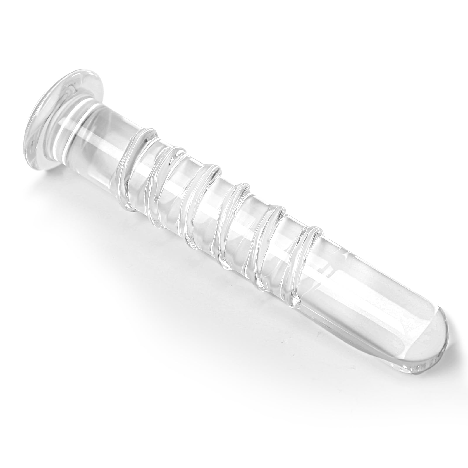 Varita de placer para pene de cristal con hilo acampanado, textura en espiral y tapón anal para estimulación del punto G M
