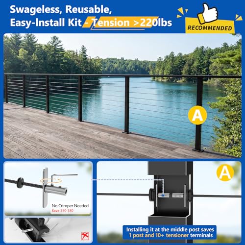 Image of 10 Pack Swageless Invisible Cable Railing Hardware, No-Crimp Reusable T316 Stainless Steel Fixed End Terminal for 1 /8 inch & 1 /10 inch Black Cable, 2 inchx2 inch Metal Level /Corner /Stair Post Deck Railing