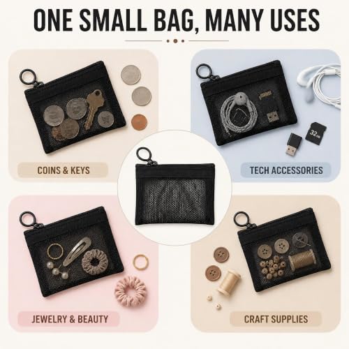 Image of Jexine 60 Pcs Mini Zipper Mesh Bags 5 inch x 4 inch Nylon Coin Pouch, Black