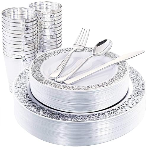 WDF 25Guest Silver Plastic Plates with Disposable Plastic Silverware &Silver Rim Cups- Include 25 Dinner Plates, 25 Salad Plates,25 Forks, 25 Knives, 25 Spoons&25 Cups for Valentine's Day