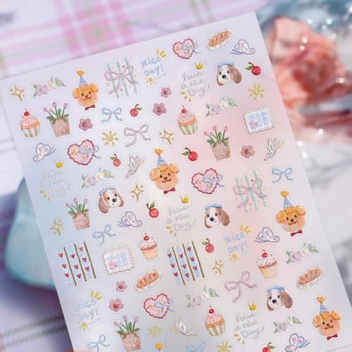 Image of Cute Nail Stickers Dog Bear Nail Art Stickers Cake Nail Decals 5D Embossed | With Flower Design Nails Charms Self Adhesive Nail Decals for Nail Art for Women Manicure Decoration Accessories 1 Sheets