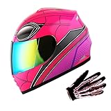 WOW Youth Motorcycle Full Face Helmet Street Bike BMX MX Kids Spider Pink + MX Skeleton Glove Bundle