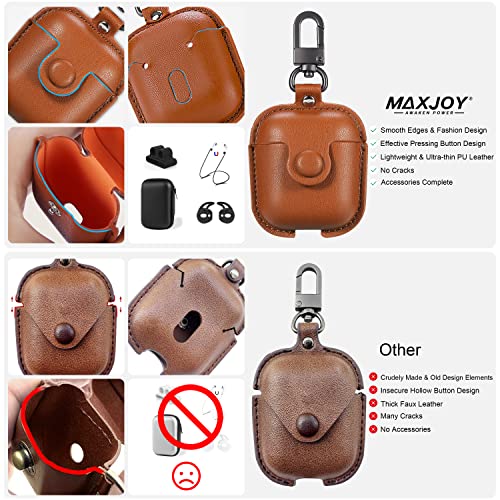 Maxjoy For Airpods Case Cover, Airpods 2 Case Leather Gen 2 Protective Cover With Keychain/Ear Hooks/Airpods Strap/Watch Band Holder/Earpods Case Compatible With Apple Airpods 2Nd 1St Generation,Brown #TOP1