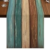 Vandarllin Cotton Linen Table Runner Dresser Scarves Retro Rustic Barn Wood&Teal Green Brown Non-Slip Burlap Rectangle Table Setting Decor for Wedding Party Holiday Dinner Home, (13X70 Inch)
