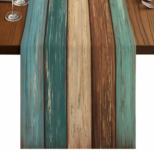 Farmhouse Table Runners 72 inches Long Retro Rustic Barn Wood&Teal Green Brown Turquoise Linen Burlap Rectangle Dresser Scarves Table Setting Decor for Wedding Party Holiday Coffee Dinner Home