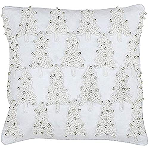 Coussin de Noël blanc 45x45 garni polyester coton brodé avec arbre et grelots