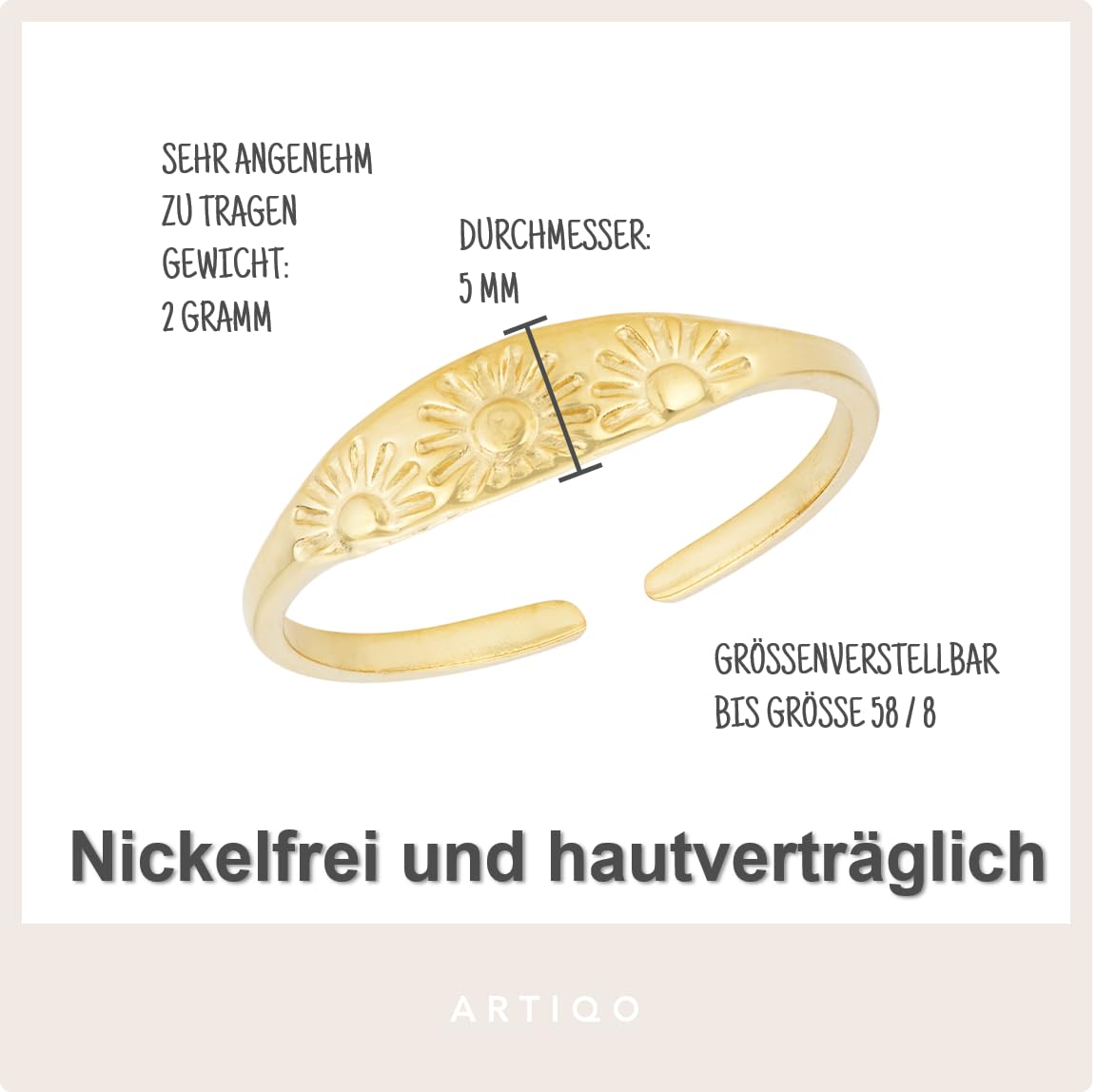 Ring Damen | Verstellbarer Siegelring mit Sonne aus Edelstahl | Wasserfest & Hautfreundlich - Modell Happy