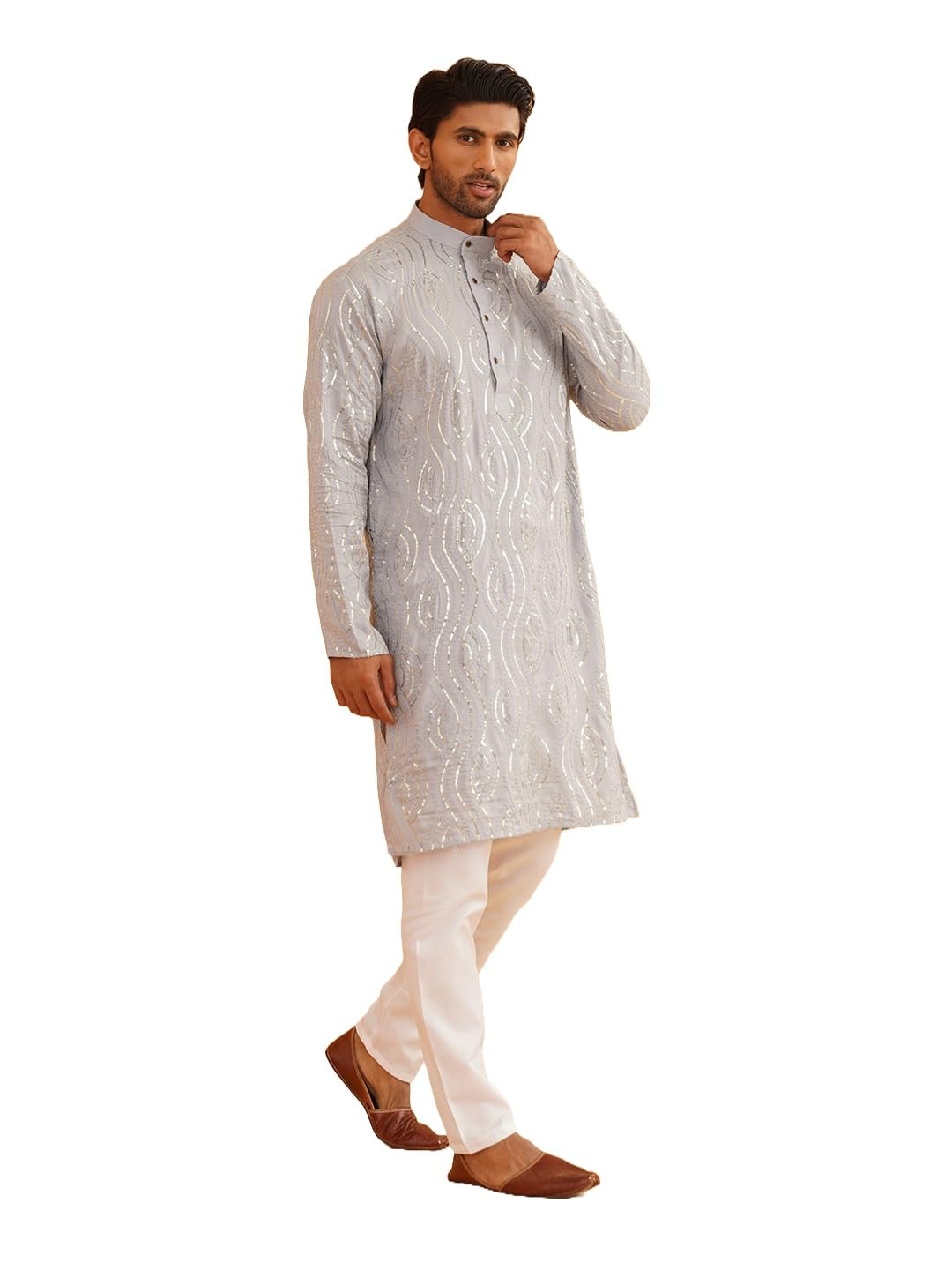 Sojanya (Since 1958 Men's Pure Cotton Grey Designer Kurta And White Churidar Pyjama Set