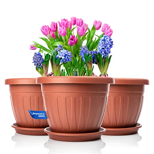BigDean 3X Blumentopf mit Untersetzer rund ø33xH25 cm Terracotta - wetterfester Pflanzkübel - Wasserablauf UV-beständig aus bruchsicherem Kunststoff - Innen + Außen geeignet - Made in Europe