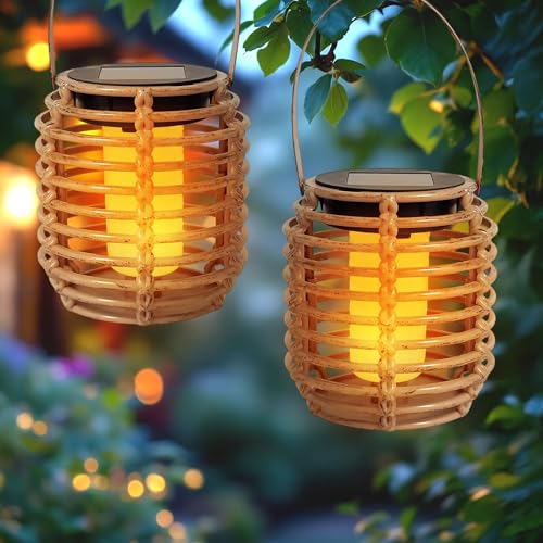 Lot de 2 mini lampes solaires aspect rotin 11 x 10 cm – Lanterne LED à suspendre ou à poser – Décoration de jardin, éclairage de fête, lanterne solaire à suspendre