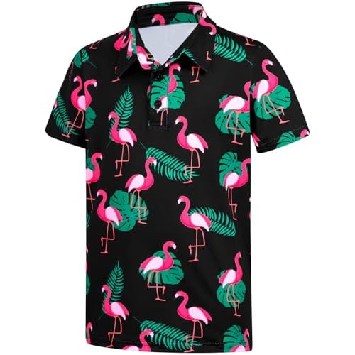 HOZIY Boys Polo Shirt Short Sleeve Collared Golf Shirts Funny Stretch School Uniform for Kids Size 5-14 Years Flamingo 13-14 Years