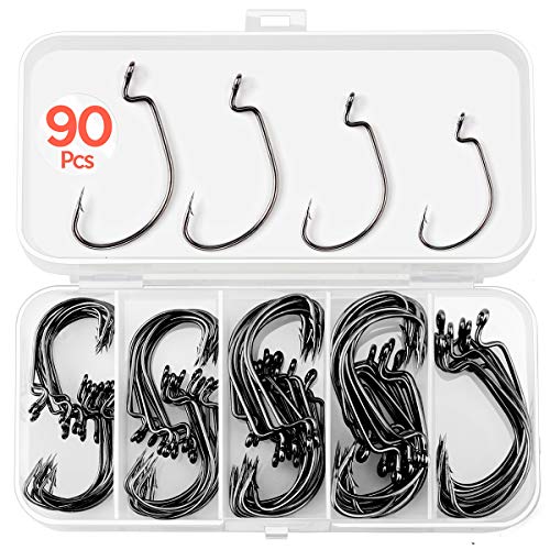 Fishing Hooks Freshwater, Carbon Steel Black Worm Bass Hook Combo with Tackle Boxes Fish Gear for Sinkers Zoom Soft Plastic Baits Jig, Catfishing Equipment 90 Pcs