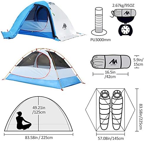 AYAMAYA 2 Man Tent Waterproof, 4 Season Backpacking Tent for 1-2 Person [2 Doors & Double Layer] Winter Cold Weather Easy Setup Dome Camping Tent with Lightweight Aluminum Poles and Snow Flaps