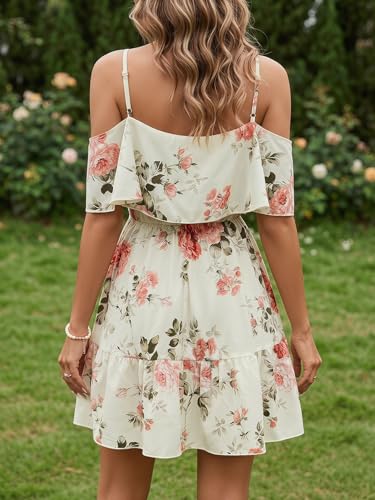 Image of SOLY HUX Women's Boho Floral Print Cold Shoulder Dress Short Sleeve Ruffle A Line Vacation Elegant Mini Dresses
