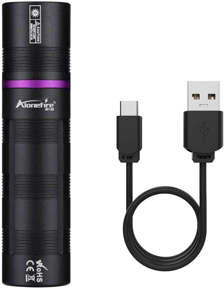 ALONEFIRE SV135 Mini 365nm UV Flashlight USB C Rechargeable Blacklight Woods Lamp Money Detector Black Light for Pet Urine Detetector, Minerals, Rocks, AC Leaks with Built-in Battery