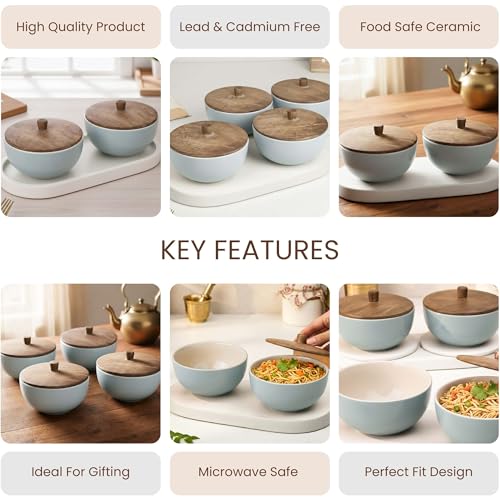 Image of The Earth Store Grey Mellow Ceramic Bowl Set of 4 - 450ML Each with Nob Wooden Lid | Mixing Bowls for Snacks, Rice, Dal, Fruits, Salad Microwave Safe Bowl with Lid Perfect Gifting & Daily Use