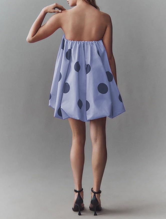 Image of Faretumiya Women Polka Dot Bubble Mini Dress Strapless Flowy Short Tube Dress Off Shoulder Y2k Balloon Dress Party Beach(