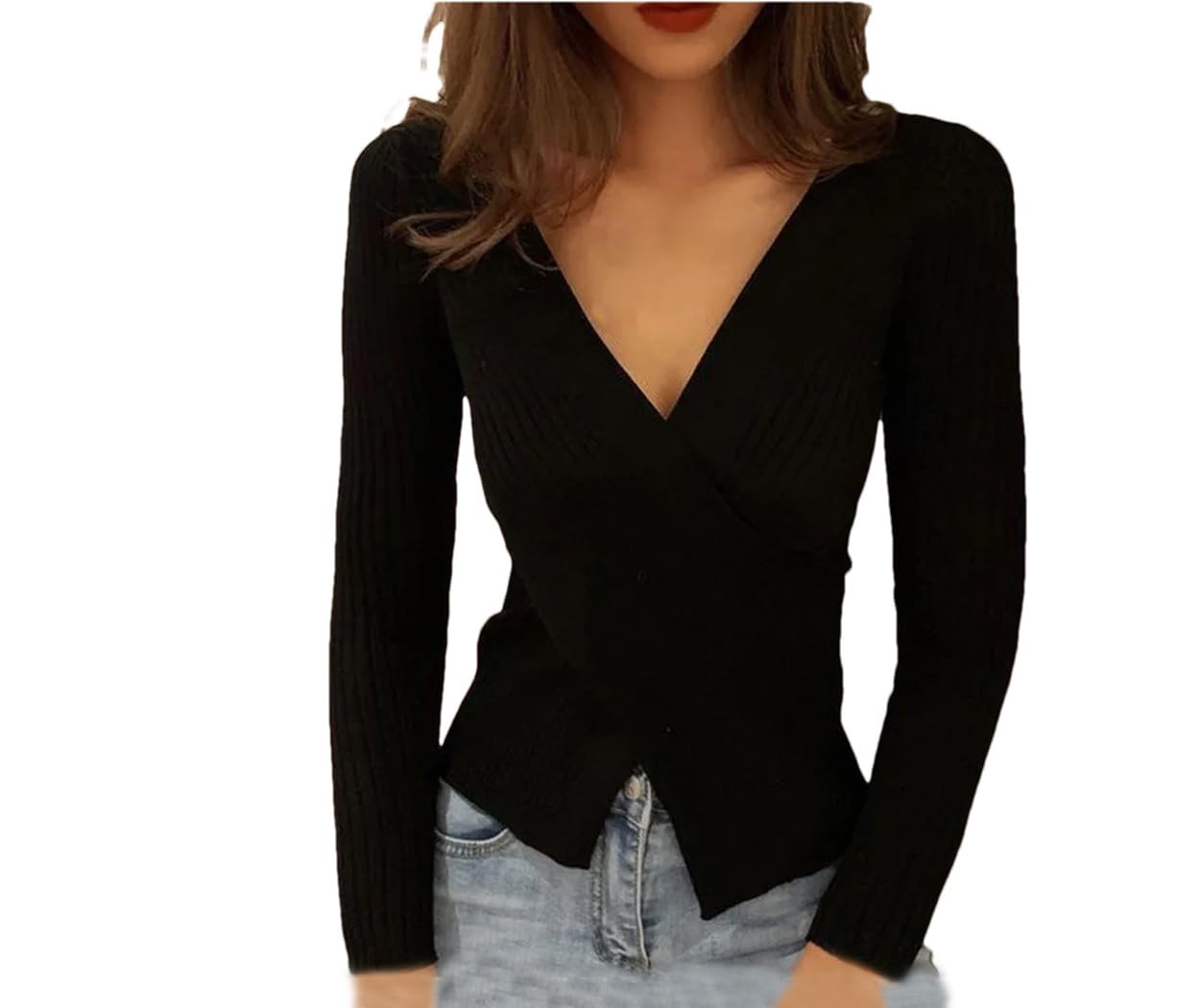 Suéteres Cruzados con Cuello En V para Mujer Jersey Liso De Punto De Manga Larga Jersey A Rayas Camisa Informal Mujer
