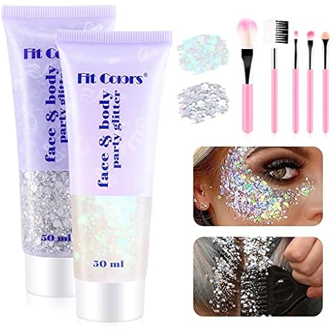 Glitter Body Gel 50g,PAMIYO 2PCS Glitzer Gesicht Körperglitzer Pailletten für Face Haare Lippe Körper Meerjungfrau Pailletten Flüssiger Lidschatten Für Halloween festliche Anlässe (Weiß+Silber) Cover