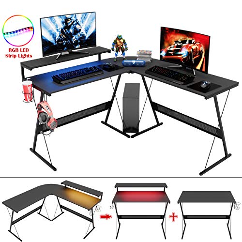 Bestier L Shaped Gaming Desk With Led 55 Inch, Large Monitor Shelf Cup Holder Headset Hook 3 Setup Ways Reversible 72 Inch Long Desk For 2 Persons, Carbon Fiber Black #TOP7