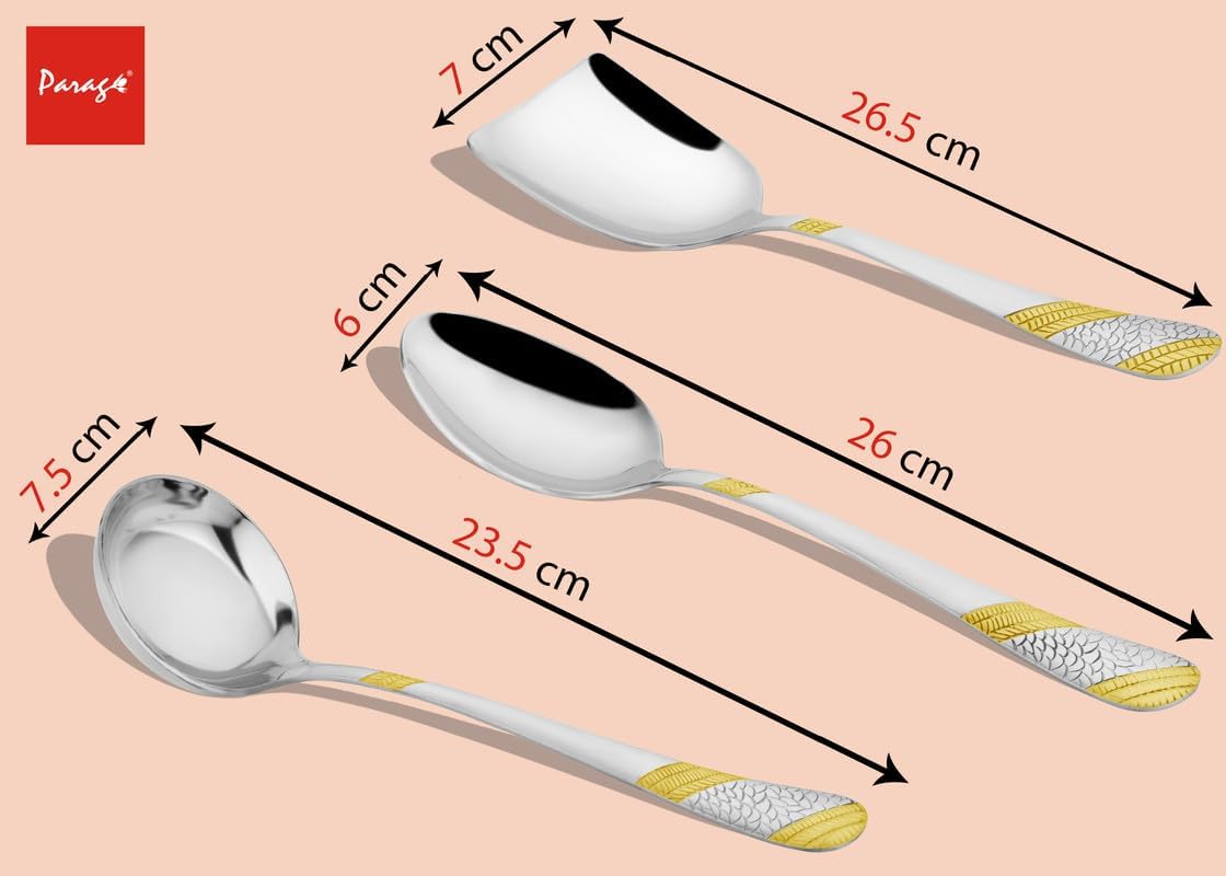 5 Pieces Stainless Steel Golden Serving Spoon Set for Dining Table/Kitchen, 1.8 mm Heavy Gauge (2 Soup Ladle (Karchi), 2 Solid Spoon (Chamcha), 1 Rice Spoon), 24k Gold (Pack of 5)