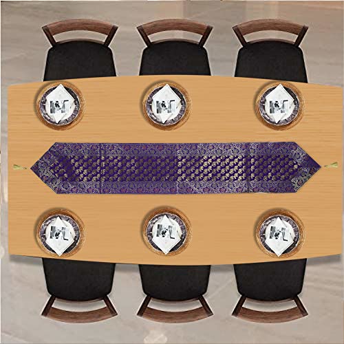 Yatharv Creations Traditional Brocade Silk Table Runner For Living Room 4 To 6 Seater Dining Table Runner Shape Runner Elephant End Tassels 14X80 Inches - Purple #TOP2