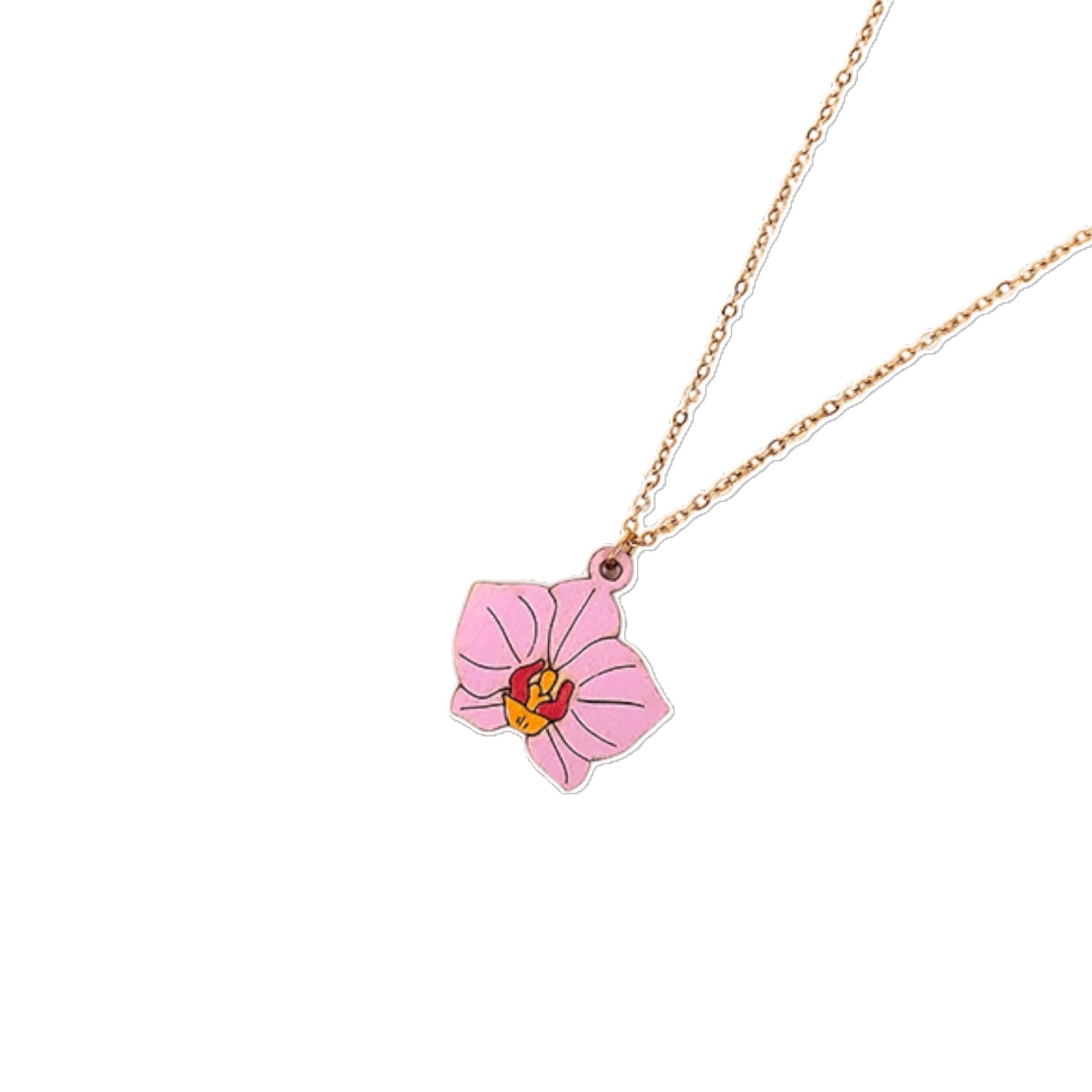 Sastree Colgante Orquídea Originales Mujer | Edición Limitada 365 Uds | Madera Sostenible Pintados a Mano | Joyería Exclusiva Flores y Naturalez (Acero Inox Oro)