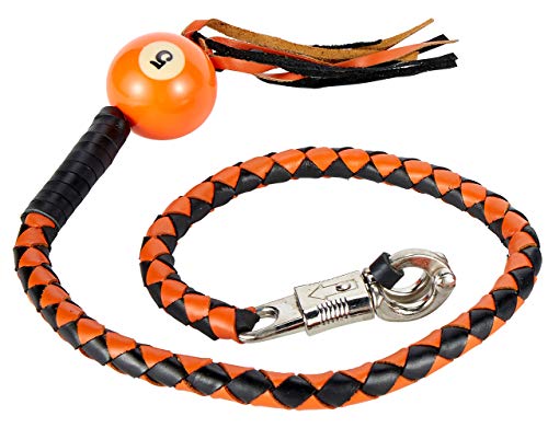 Dream Apparel 42â€ Leather Motorcycle Get Back Whip for Handlebar Fringed Biker Whip With Pool Ball, Black and Orange