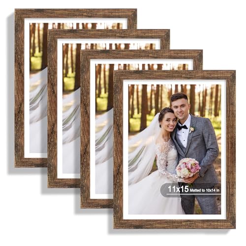 Hongkee 11x15 Picture Frame Set of 4, Real Glass and Wood Frame, 10x14 Mat