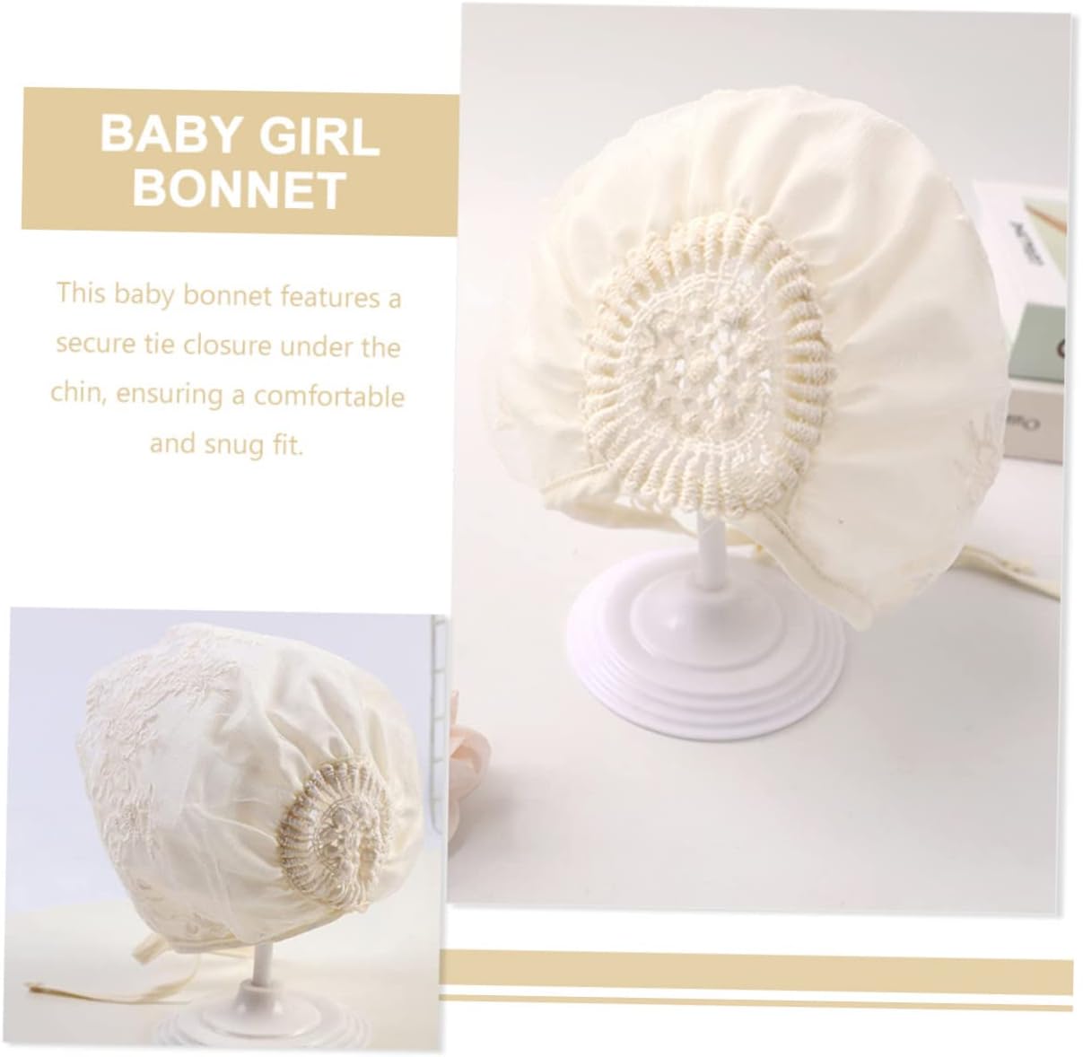 Toyvian Baby Lace Bonnet, 2 Pcs Soft Breathable Summer Sun Hat with Tie Closure Vintage Christening Baptism Bonnet for Newborn Boys Girls Wedding Photo Shoot Headwear