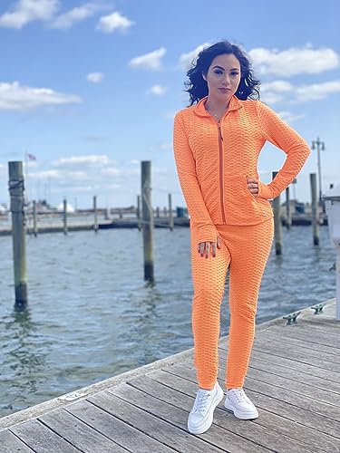 Image of Jogging Suits for Women, Textured 2 Piece Outfit Long Sleeve Full Zip Jacket Skinny Pants Tracksuit Set