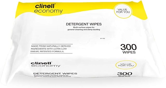 Clinell Detergent Wipes - Alcohol and Disinfectant Free - Multi-Surface Wipes for General Cleaning - Strong & Durable - Pack of 300 Wipes