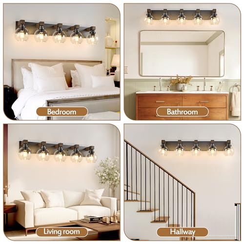 Image of LmnLvn Farmhouse 5-Light Bathroom Vanity Light, Wood & Metal Glass Shade