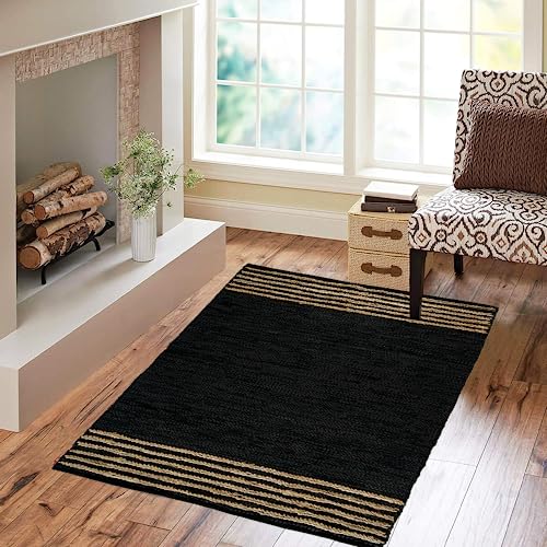 Gruhum Jute Area Rugs 3X5 Feet - Natural Fibre Black Rectangular Leather Handwoven Boho Farmhouse Soft Braided Rustic Vintage Rug Indoor Outdoor Livingroom Kitchen Hallways Enterways (3X5Ft) #TOP5