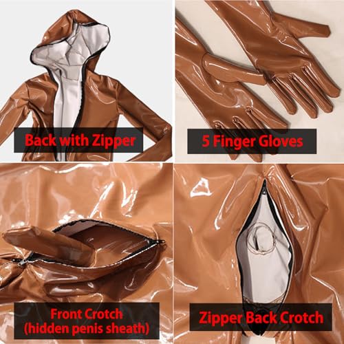LESOYA Men's Sexy Shiny Wetlook PVC Catsuit Back with Zipper Bodysuit Full Body Suit Jumpsuit with Sheath3