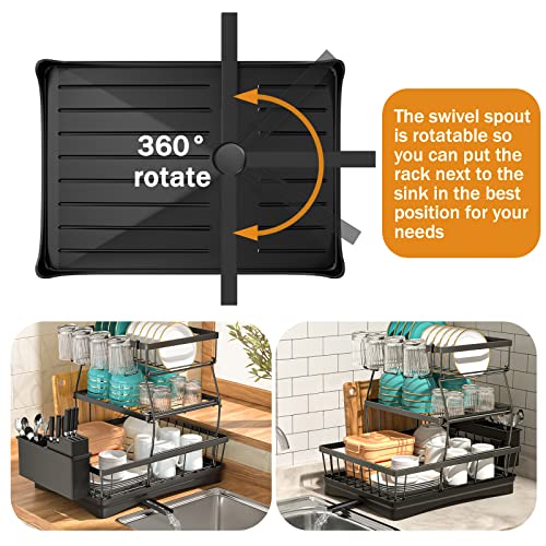 3-Tier Large Dish Racks for Kitchen Counter,Dish Drying Rack,Detachable Large Capacity Dish Drainer Organizer with Utensil Holder, Cup Holder,Dish Drying Rack with Drain Board ,Black
