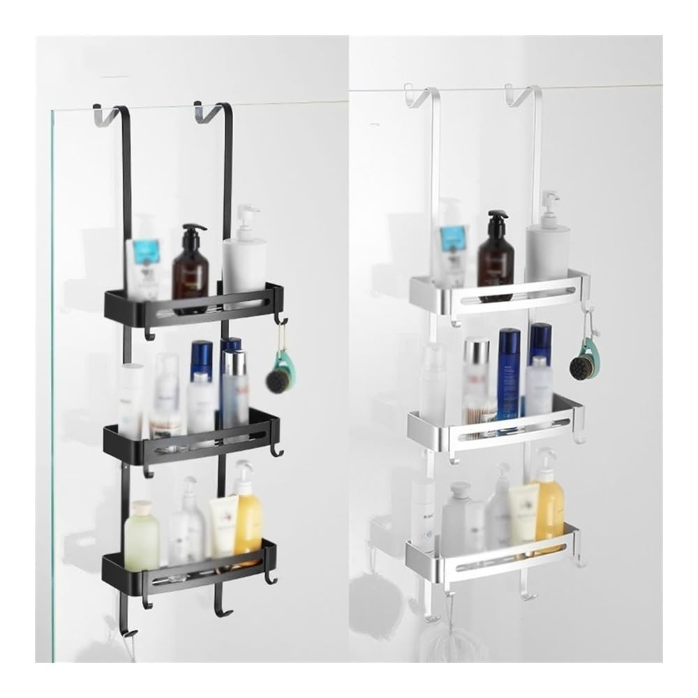Mensola Doccia Mensola da Doccia sospesa, Organizer da Doccia a 3 Ripiani sopra la Porta con 8 Ganci, mensola da Doccia in Alluminio Senza Fori, Facile da installare Mensole Bagno(Silver)