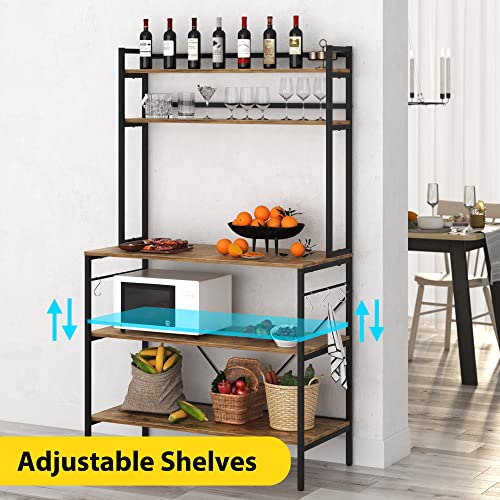 5-Tier Kitchen Bakers Rack With Hutch Adjustable Shelves, Stable Kitchen Storage Shelves Organizer Microwave Oven Stand Coffee Bar Table Station With 6 S-Hooks, Easy To Assemble, Rustic Brown #TOP2