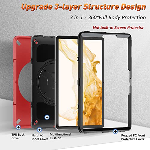 Supfives Case For Samsung Galaxy Tab S8 11 Inch 2022 : Tablet S7 2020 Cover Military Grade Heavy Duty Tpu Protector With S-Pen Holder + Handle + Shoulder Strap + Rotating Kickstand,Red #TOP2